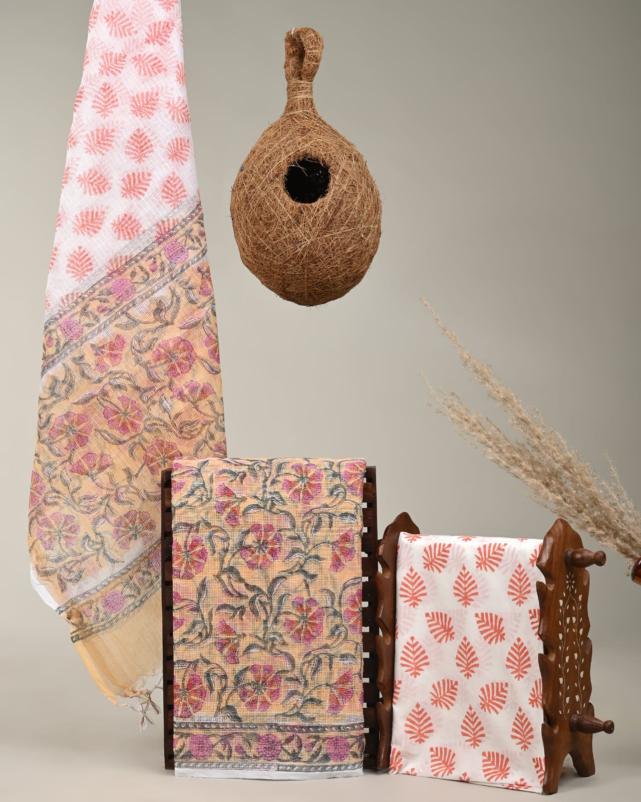 Kota Doria Peach Floral Jaal Dress Material – Lightweight handblock printed fabric for wholesale boutiques and designers